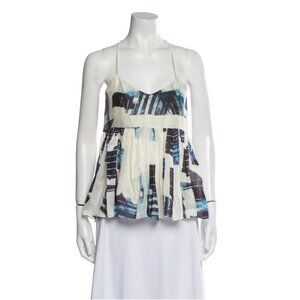 Tibi Peplum Racerback Blouse Top Shirt Womens 4 Cream Blue Sleeveless V-Neck